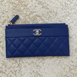 CHANEL  Caviar Quilted Mademoiselle Zip Pouch Wallet Blue